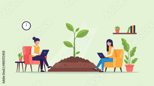 Two individuals work remotely on laptops near a growing plant and home decor