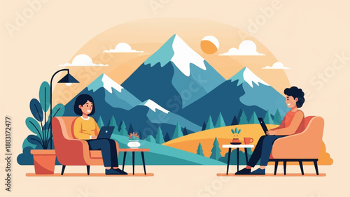 Two individuals working on laptops from the comfort of chairs, mountains in background