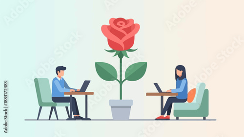 Two individuals working on laptops beside a potted rose plant