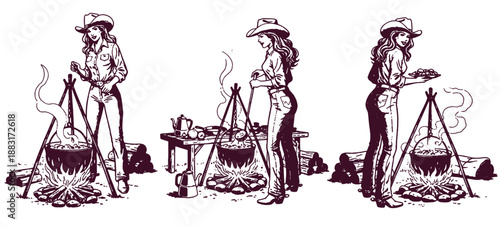 Vintage cowgirl preparing food over an outdoor campfire. Wild West camping and cooking retro vector illustration.
