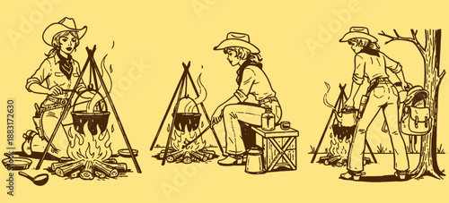 Vintage cowgirl cooking at campfire outdoors, Western retro illustration design for t shirt print, poster, sticker, background and product design.
