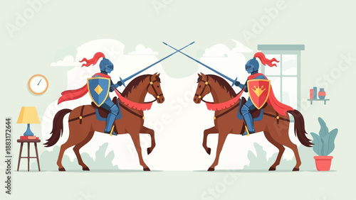 Two knights in armor on horseback with lances pointed at each other