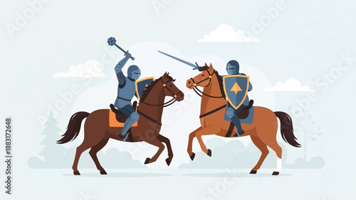 Two knights in armor on horseback clashing swords in a duel