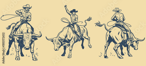 Vintage Cowboy Bull Riders Set. Western rodeo illustration for t-shirt print, poster, sticker design, and events.