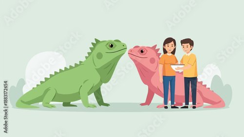 Two large lizards, one green, one pink, with two people holding a bowl