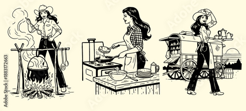 Retro Cowgirl Cooking Set. Pin up vintage style chef woman making food on campfire, stove, and serving from chuck wagon cart. Vector illustration.
