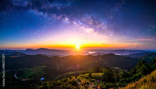 Sunset over mountains with cloudy sky.