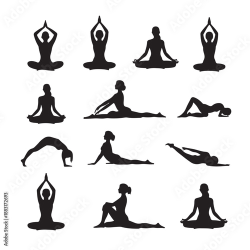 Yoga asana silhouettes collection featuring various stretching poses meditation sitting positions and balance exercises for wellness health centers isolated on transparent background illustration