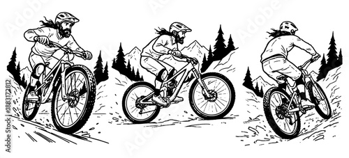 Downhill mountain biking vector set. Black & white illustration of extreme MTB riders on trail. Sport logo, t shirt print, sticker design.