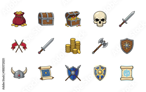 Comic Style Medieval Fantasy RPG Adventure Gear and Treasure Game Asset Sheet for Tabletop Gaming and Digital UI