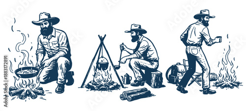 Cowboy or Hiker Cooking on Campfire Vector Illustration Set. Vintage Outdoors, Camping, and Adventurer Engraving Style Graphics.
