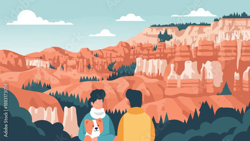 Two figures and a dog admire a vast canyon landscape