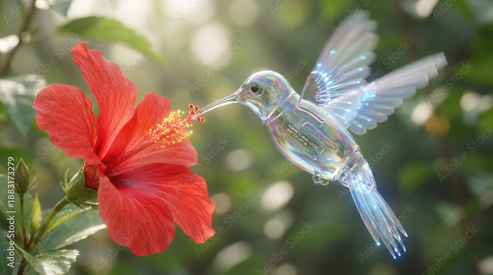 Fototapeta premium Biomimetic Guardian: Iridescent Glass Hummingbird Micro-Drone Pollinating a Flower