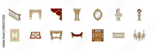 Ornate Classical Baroque Interior Architectural Elements Graphic Asset Sheet for Luxury Mansion and Palace Design
