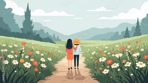 Two figures walk hand-in-hand down a dirt path through a vibrant wildflower meadow