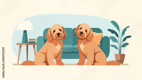 Two fluffy golden dogs sit indoors beside a couch and plant