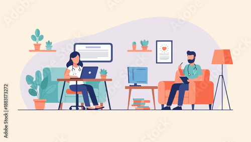 Two medical professionals in a room, one at a laptop, the other reviewing notes