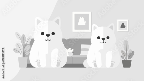 Two fluffy white puppies sit inside a cozy room with plants