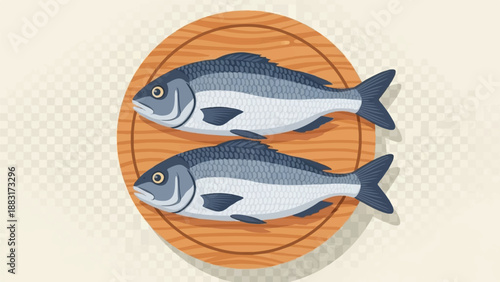 Two fresh fish arranged on a wooden platter