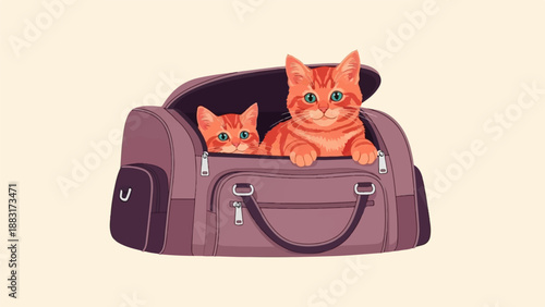 Two ginger kittens peek out of a purple duffel bag, ready for adventure