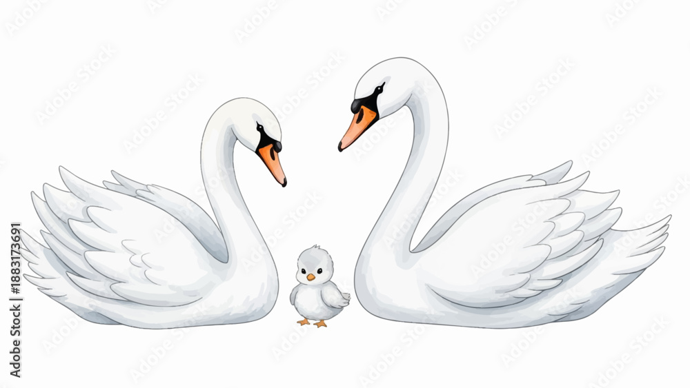 Fototapeta premium Two graceful swans flank a tiny cygnet, a touching family portrait