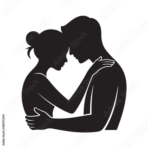 Black silhouette of embracing couple hugging with tenderness and affection man and woman in loving embrace isolated on transparent background