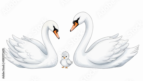 Two graceful swans flank a tiny cygnet, a touching family portrait