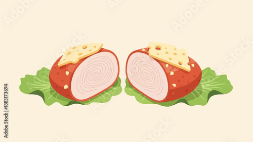 Two halves of a red bun sandwich with cheese and lettuce