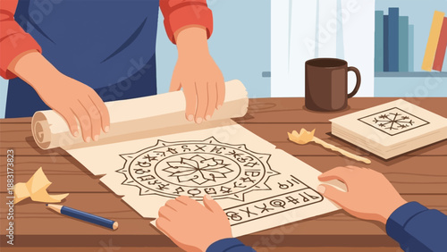 Two hands unroll scroll with ancient symbols near books and mug