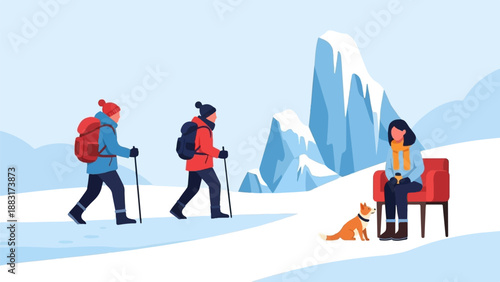 Two hikers traverse snowy mountains, while a person rests with dog