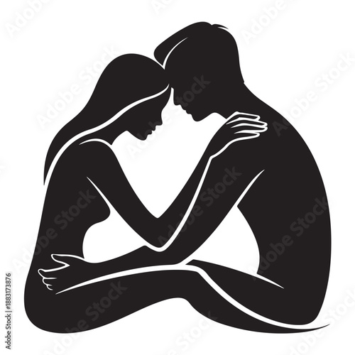pair couple embracing closely in seated position sharing intimate moment of love and connection man and woman holding each other tenderly on transparent background for romance themes