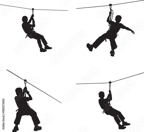 Silhouette illustrations of people ziplining in various poses