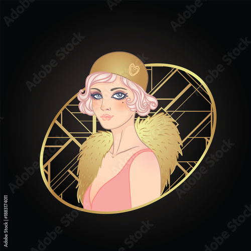 Art Deco vector illustration of a flapper girl in 1920s style, featuring soft dusty rose and gold tones. Elegant and modern design, ideal for fashion prints, posters, branding, or digital use.