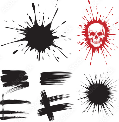Gritty black ink splatter, a menacing red skull with blood splatters, and various brush stroke elements
