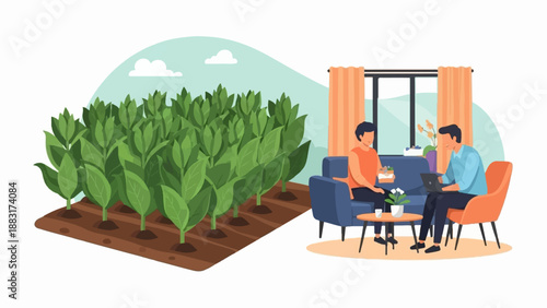 Two individuals converse indoors near a laptop and a tobacco field