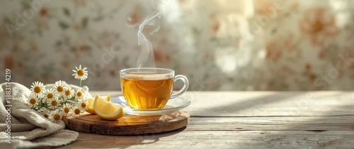Panel kuchenny z motywem Delicious camomile tea served in a cup on a wooden surface