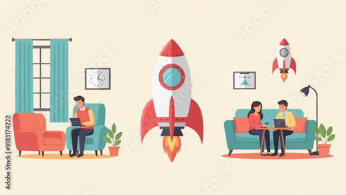 Two pairs of people working on laptops in cozy rooms with rockets