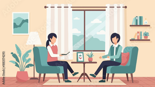 Two individuals engaged in discussion in a cozy living room setting