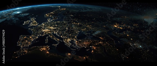 Global satellite image showing a panoramic night view of Europe, the Mediterranean, and the Middle East illuminated by city lights