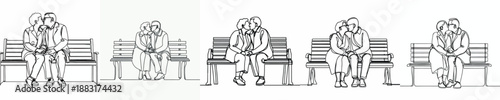 line art of a old couple kissing intimately on a park bench
