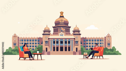 Two individuals relax outside a grand building with a dome and flag