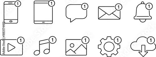 Devices and user interface icons set. Smartphone, tablet, smartwatch, media, navigation and touch gesture outline symbols