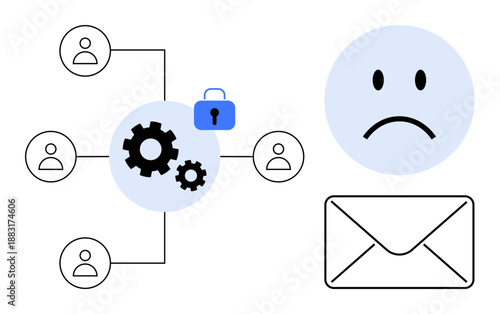 Cybersecurity concept. Cybersecurity ed with a secured network, sad face icon indicating issues, and an email symbol. Cybersecurity for data protection, communication security, online privacy, fraud