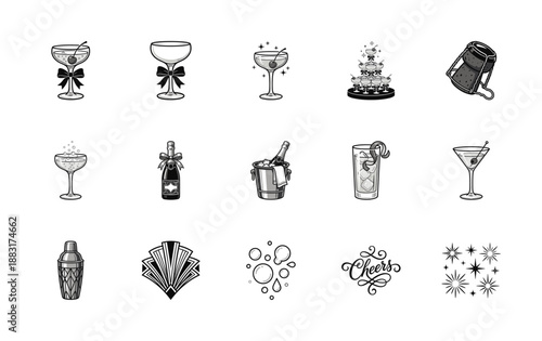 Vintage Engraving Style Champagne and Cocktail Party Graphic Element Kit for Elegant Wedding and New Year Celebration
