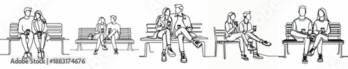 line art of a couple sitting drinking coffee on a park bench
