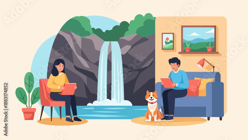Two people, a dog, and a waterfall scene depicted indoors and outdoors
