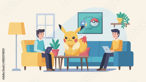 Two men and a yellow creature in a living room with plants
