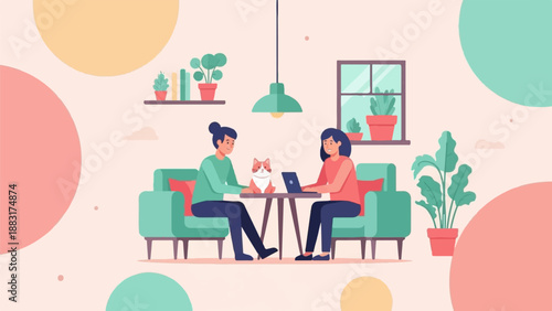 Two people and cat sitting on sofa, working on laptop and books