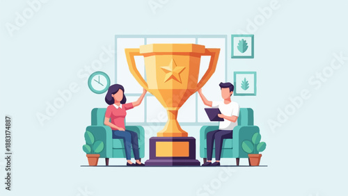 Two people admire a golden trophy, seated in armchairs, in a bright room