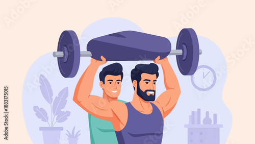 Two men exercising with weights in a room with plants and clock